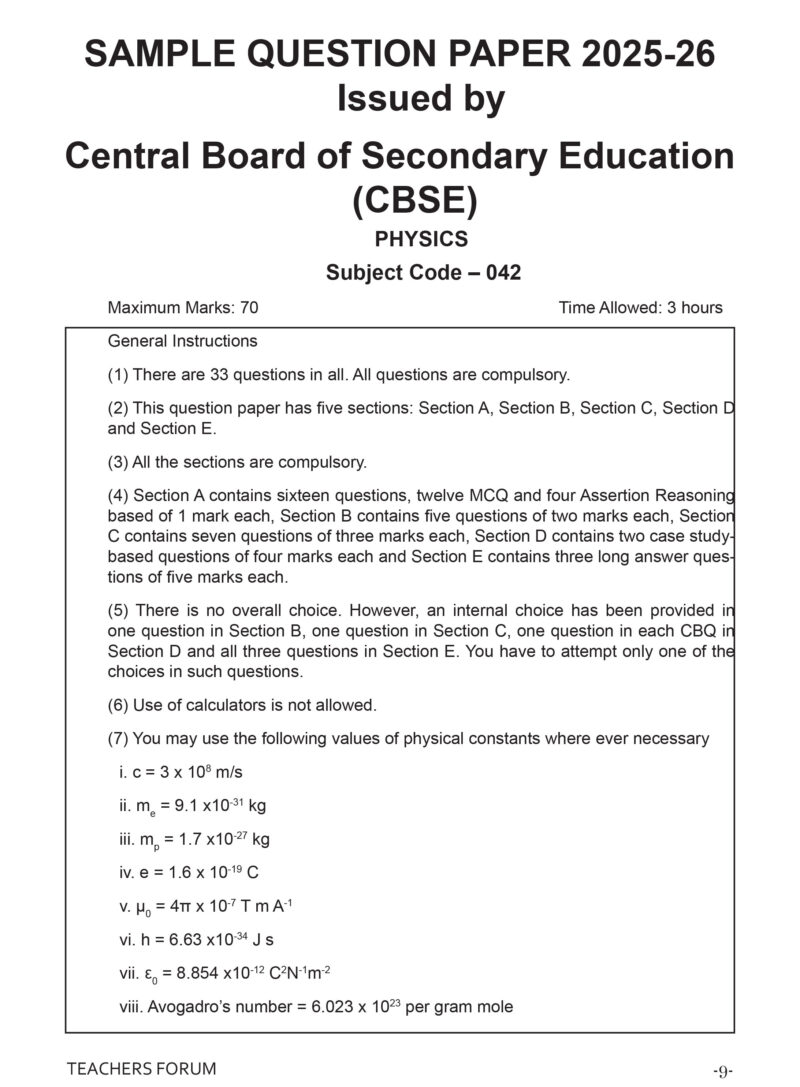 Teachers Forum CBSE Sample Question Paper Class 12 Physics (For 2026 Board Exam) - Image 4